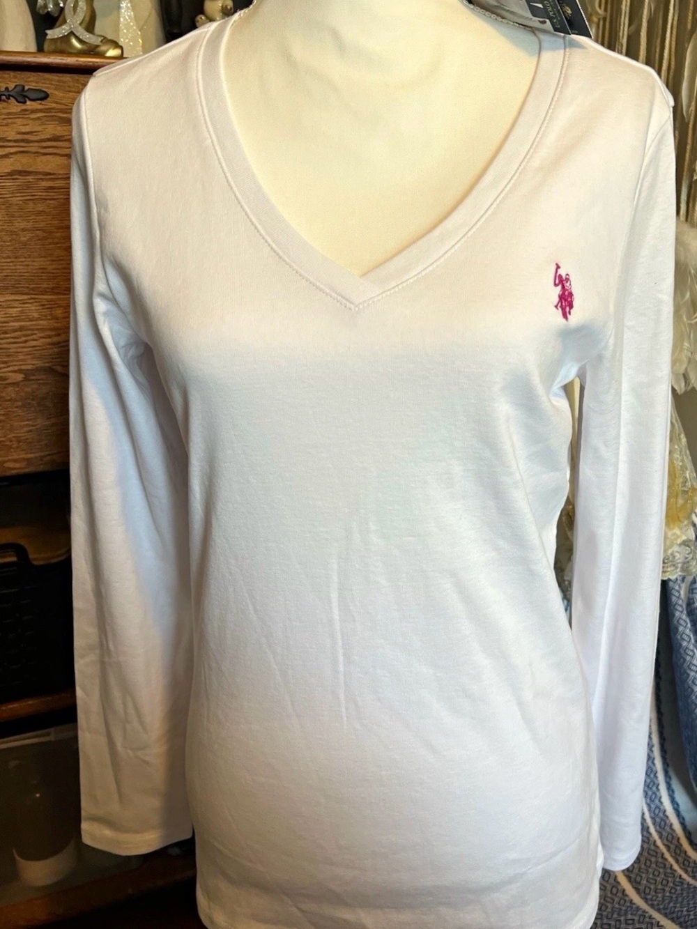 U.S. Polo Assn. White V-Neck Long Sleeve Tee with Pink Logo